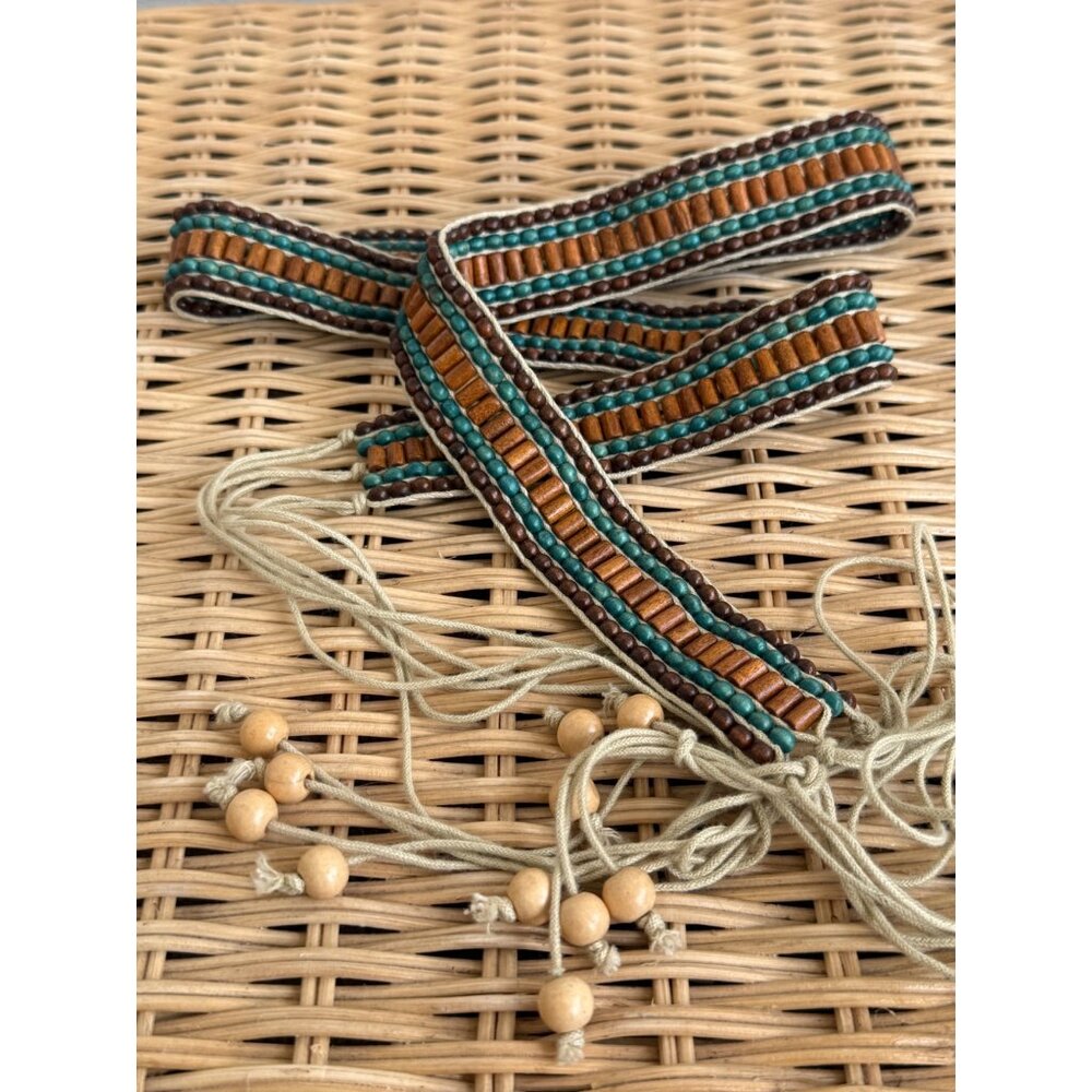 Vintage 70's Boho Woven Wood Bead Tie Womens Belt
